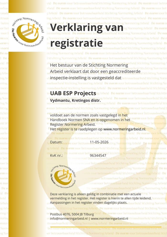 SNA Verklaring van registratie certificate for UAB ESP Projects